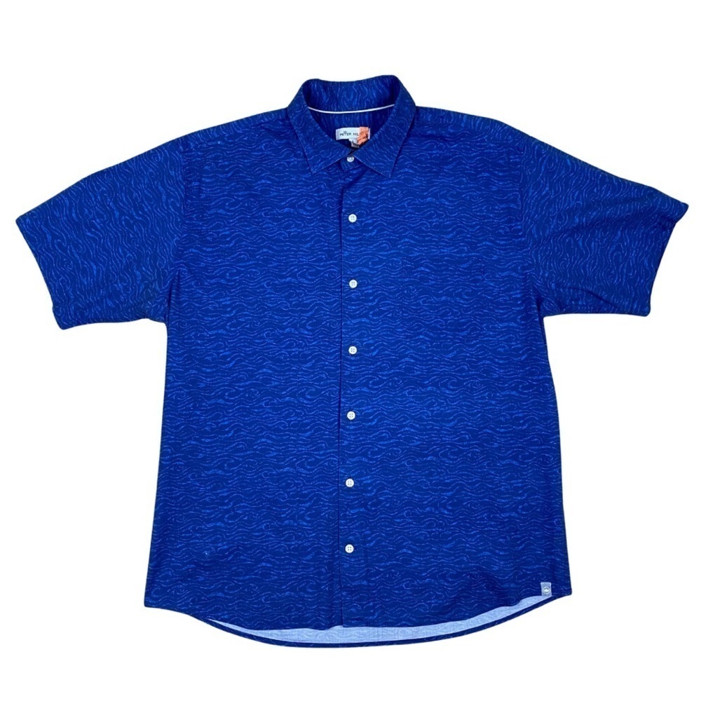 Peter Millar Men's Shipstern Sport Shirt Abstract Navy & Royal Blue Wavy, Size L - Picture 2 of 14